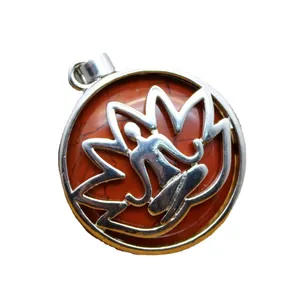 Ethnic red agate lotus yoga meditation pendant necklace with silver hollow frame