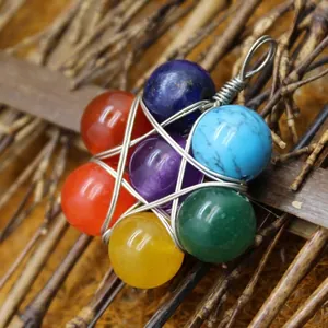 Handmade seven chakra colorful gemstone flower pendant with wire wrapped crystal beads