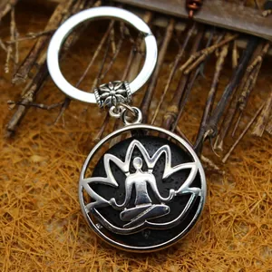 Lotus Meditations-Anhänger Schlüsselanhänger mit schwarzem Naturstein in Silberoptik