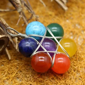 Handmade ethnic style seven chakra natural stone flower pendant with silver wire wrap