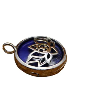 Vintage lotus locket pendant with Om symbol and lapis lazuli stone inlay necklace