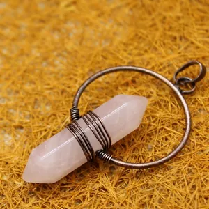 Rose quartz hexagonal pillar pendant necklace with bohemian copper wire wrap design