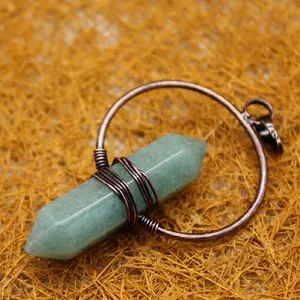 Vintage green hexagonal crystal pillar pendant necklace wrapped in copper wire hoop