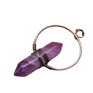 Handmade hexagonal amethyst crystal pendulum pendant necklace with copper wire wrap