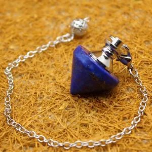 Lapis lazuli stone dowsing pendulum pendant with silver chain and a hollow ball