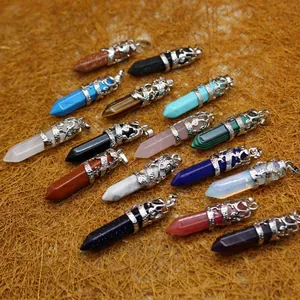 Coiled Dragon Hexagonal Crystal Pillar Pendant Natural Stone Alloy Ethnic Style Vintage Point Charm For Jewelry Making DIY