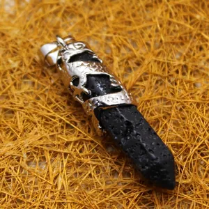 Ethnic style lava stone hexagonal pendant with silver dragon wrap design