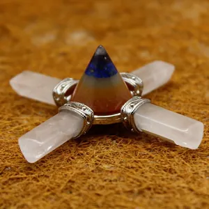 Exquisite handcrafted crystal cross pyramid featuring four natural clear quartz points