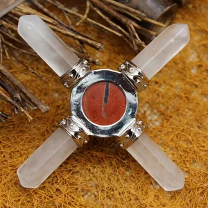 Religious white crystal cross ornament with red stone centerpiece for spiritual decor