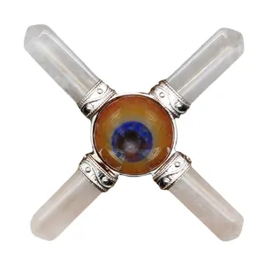 Religious white crystal cross energy generator with silver-tone metal and center stone