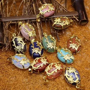 Vintage Ethnic Gold Alloy Floral Hollow Pendant Oval Natural Stone Charm For Women Boho Jewelry Making DIY Accessory Pendant