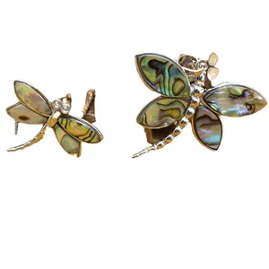 Iridescent natural abalone shell dragonfly pendants with sparkling crystal accents