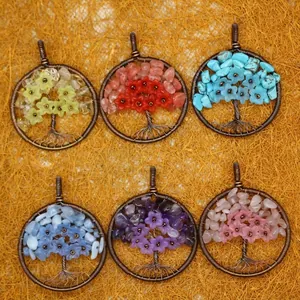 Handgefertigt Drahtgewickelt Lebensbaum Anhänger Für Damen Naturkristall Steinsplitter Harz Blume Vintage Bohemian Schmuck Zubehör