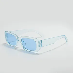 Fashionable light blue translucent rectangle sunglasses with small frame design.