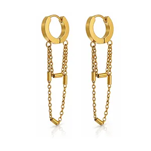 Detailed view of gold stainless steel hoop earrings with hanging tassel chain design