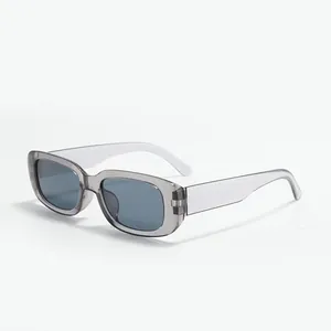 Detail shot of stylish unisex grey square sunglasses featuring translucent frames
