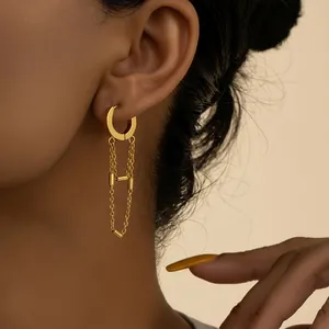 Stainless Steel Tassel Chain Hoop Earrings For Women Minimalist Industrial Design Gold Silver Dangle Jewelry Ear Cuff Gift