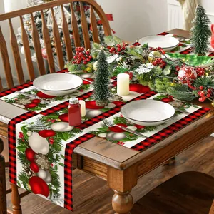 Nordischer Weihnachten Leinen Tischläufer Und Platzset Set Büffelkaro Schneeflocke Weihnachtsbaum Schneemann Tischdecke Für Esszimmer Party Feiertag Deko
