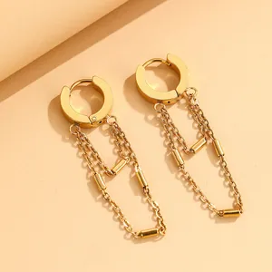 Elegant gold stainless steel hoop earrings with double tassel chains and bar accents.