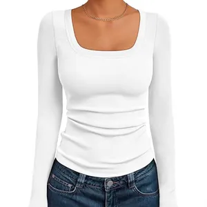 Dames Ribgebreid Vierkante Hals Lange Mouw Top Slim Fit Casual Effen Kleur Polyester Elastaan Basic T-Shirt