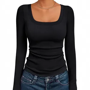 Slim-fit damestop met lange mouwen vierkante hals en geribbelde textuur