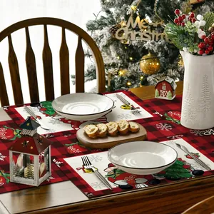 Festliches Weihnachts-Tischläufer-Set mit rotem Karomuster und süßem Schneemann-Motiv