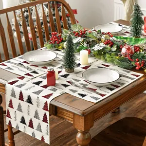 Festliches Weihnachts-Tischläufer-Set mit roten und schwarzen Baummustern