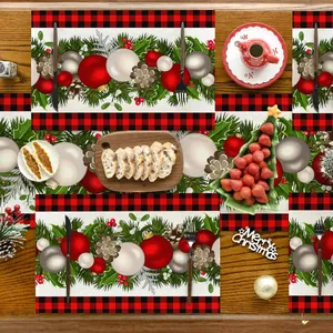Weihnachts-Tischläufer- und Platzdeckchen-Set mit Karomuster und festlichen Ornamenten
