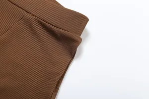 Dettaglio del tessuto a costine di alta qualità e della vita dei pantaloncini marroni.