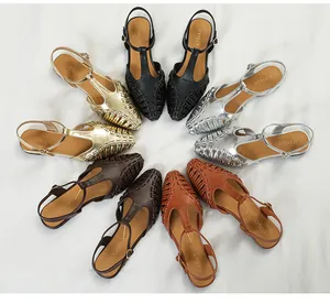 Multi-color selection of French retro woven T-strap flat sandals in a circular layout