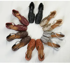 Retro Roman style woven sandals with square toe and T-strap in multiple colors