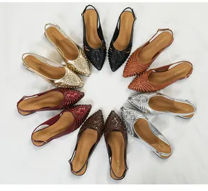 Detailed view of woven slingback flat sandals in multiple colors arranged in a circle