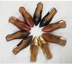 Detailed view of pointed-toe hollow-out slingback flats in multiple classic colors