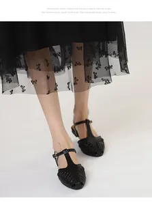 Close-up detail of black French retro T-strap woven sandals featuring pointed toe