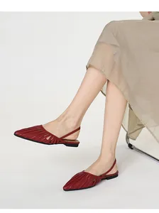 Détail de ballerines slingback rouges à bout pointu et ajourées portées par un mannequin