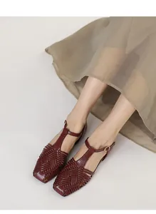 Detailed view of burgundy retro woven T-strap sandals with elegant square toe design