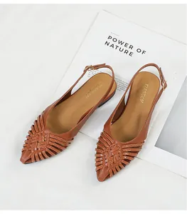 Detail view showing the brown woven pointed-toe design on flat slingback sandals
