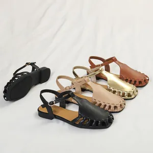 French vintage hollow-out closed-toe Roman flat sandals in multiple colors.