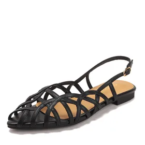 Black woven Roman sandals for women with flat sole and adjustable slingback strap.