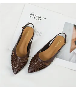 Detailed top view of retro dark brown woven slingback flat sandals with pointy toe