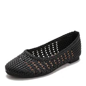 Eleganti ballerine basse intrecciate nere per donna, scarpe casual traspiranti versatili.
