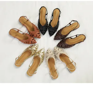 Five pairs of French bow woven hollow sandals in various colors on white background