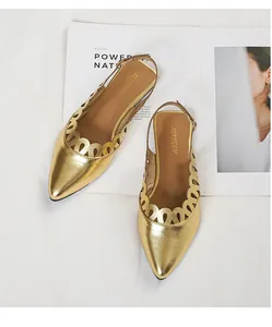 Vintage gold metallic hollow-out pointed-toe slingback flat sandals for women summer fashion