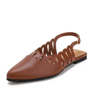Retro brown hollow-out slingback flat sandals with pointed toe design for women