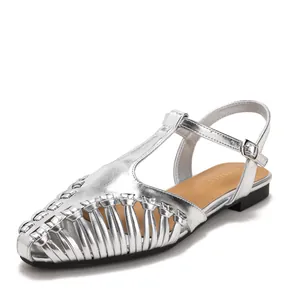 French retro silver metallic woven pointed-toe flat sandals with elegant T-strap design