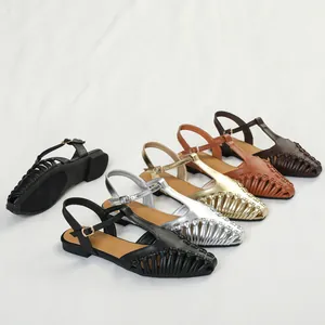 French vintage pointed-toe woven hollow-out flat sandals in multiple colors