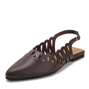Retro brown pointed-toe slingback flat sandals with hollow-out design for women