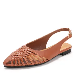 Vintage brown woven leather flat sandals with pointed toe and adjustable slingback strap design