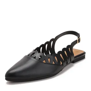 Elegant black pointed-toe slingback flats with artistic hollow-out design detail