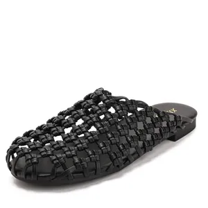 Retro zwarte handgeweven platte muiltjes met holle neus zomer slippers voor dames